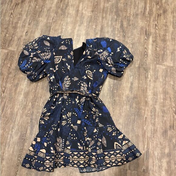 Farm Rio Macaw Forest Cotton Blend Puff Sleeve Round Neck Belted Mini Dress - Picture 4 of 11